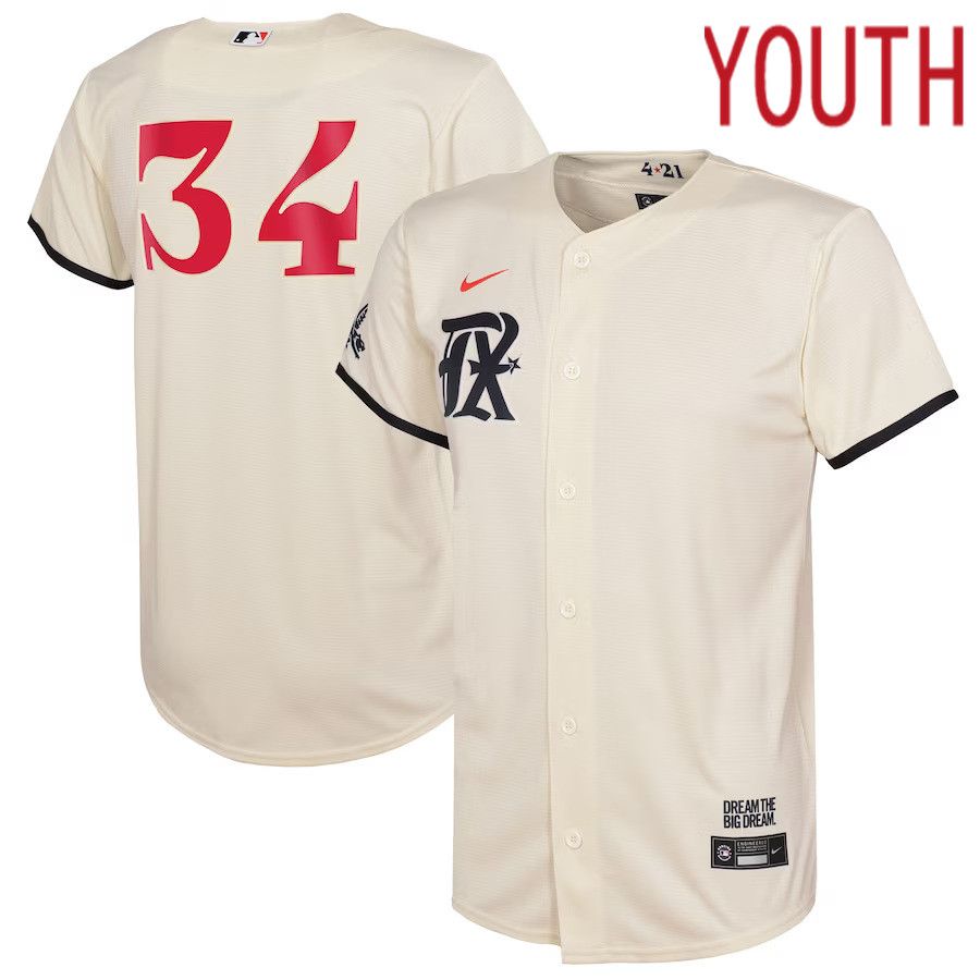 Youth Texas Rangers #34 Nolan Ryan Nike Cream 2023 City Connect Replica Player MLB Jersey->youth mlb jersey->Youth Jersey